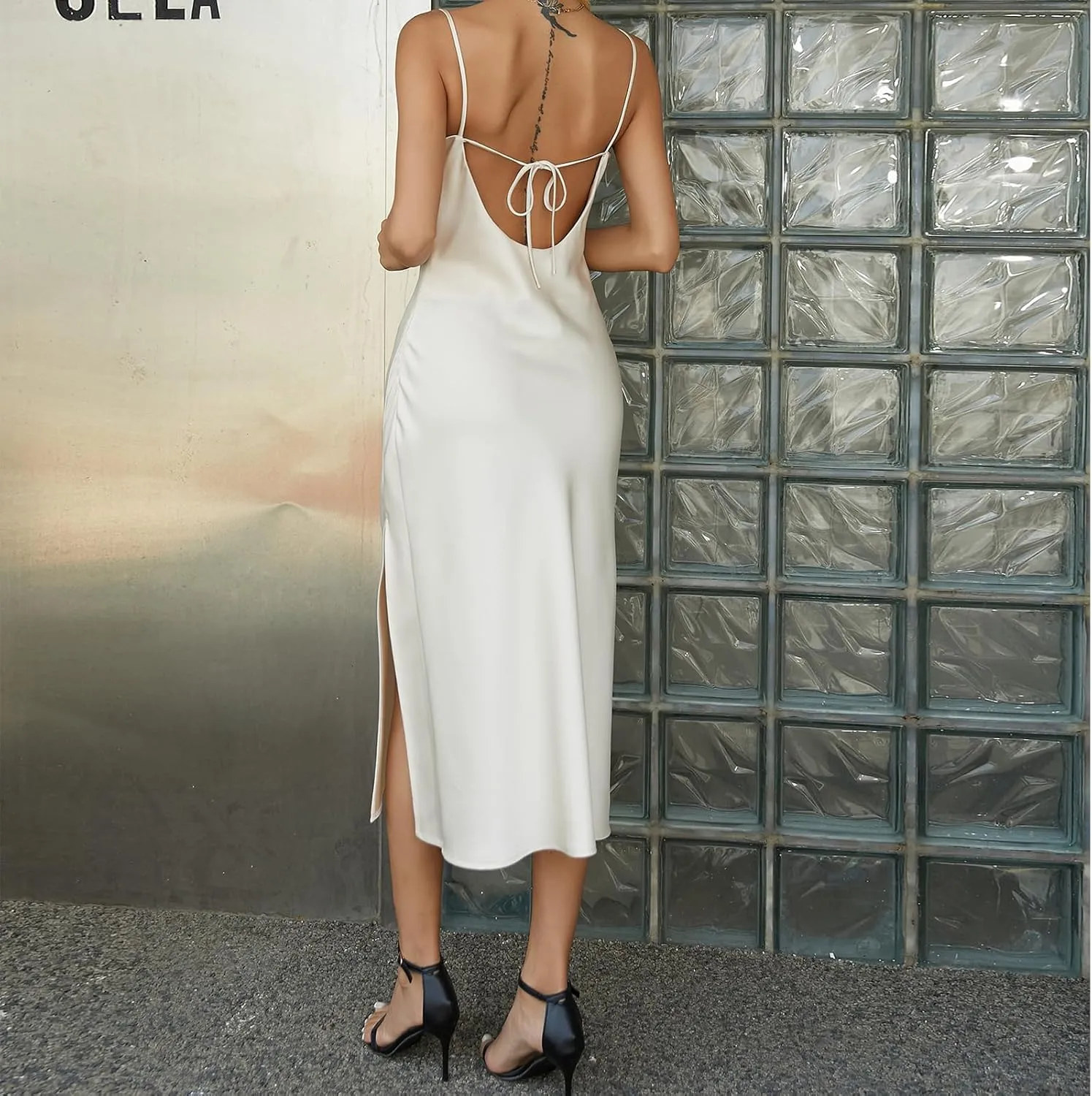 Spaghetti Straps Matte Satin Midi Dress with Cowl Neck and Low Back