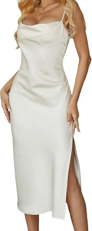 Spaghetti Straps Matte Satin Midi Dress with Cowl Neck and Low Back