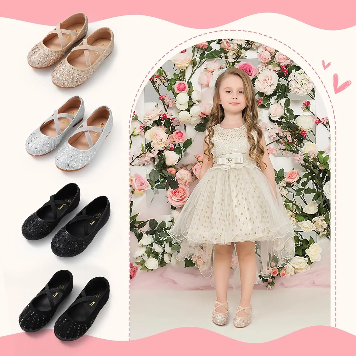 Sparkly Mary Jane Flats for Girls - Non-Slip Ballet Shoes with Rhinestones | Toddler Dress Shoes for Weddings, Parties, School (Breathable & Comfortable)