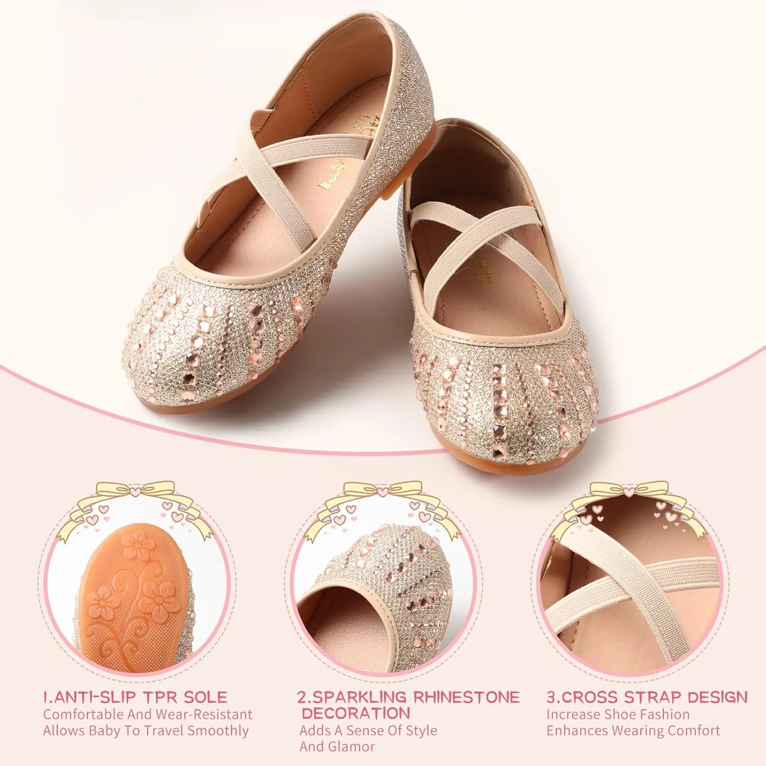 Sparkly Mary Jane Flats for Girls - Non-Slip Ballet Shoes with Rhinestones | Toddler Dress Shoes for Weddings, Parties, School (Breathable & Comfortable)