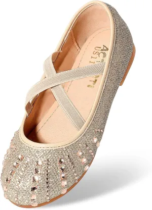 Sparkly Mary Jane Flats for Girls - Non-Slip Ballet Shoes with Rhinestones | Toddler Dress Shoes for Weddings, Parties, School (Breathable & Comfortable)