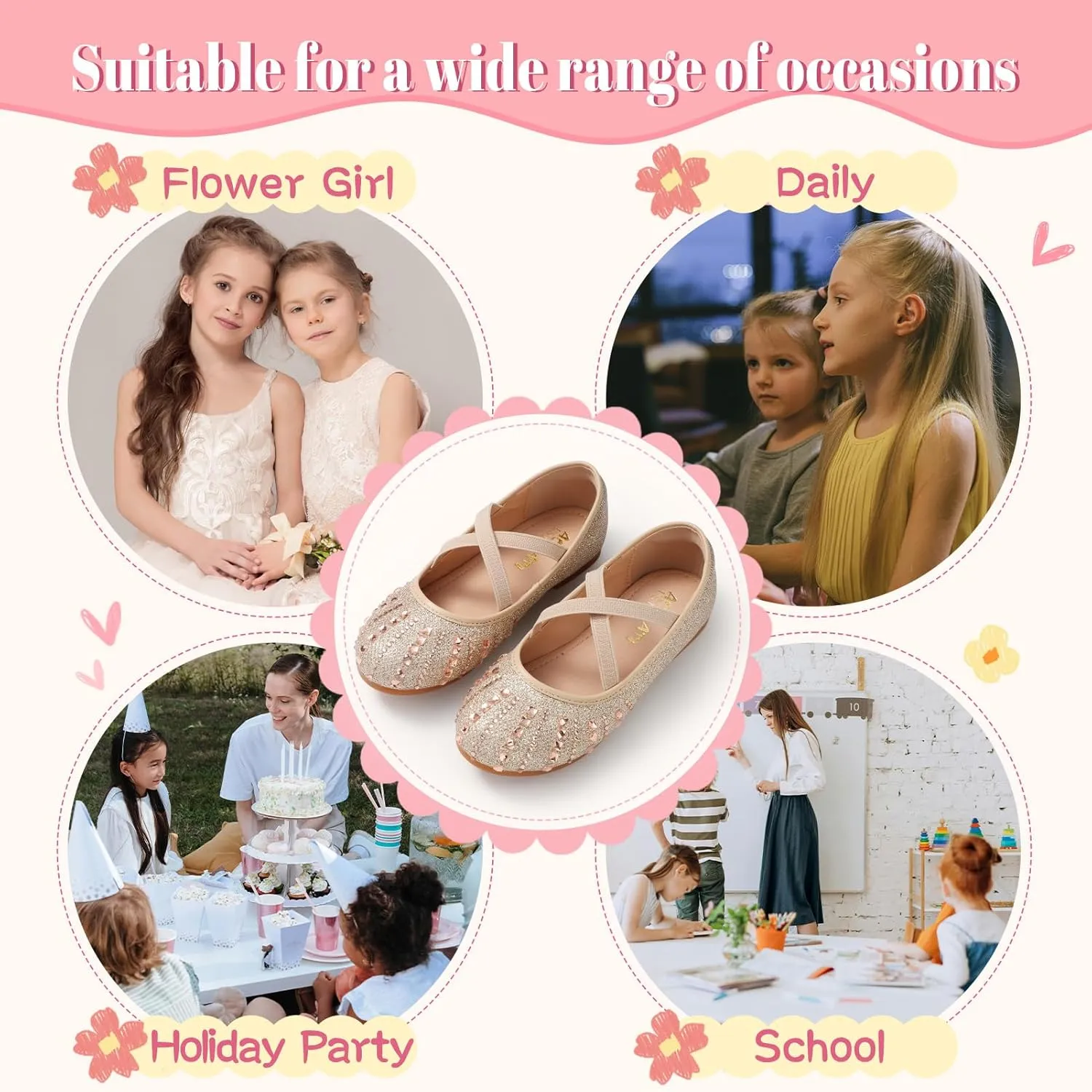 Sparkly Mary Jane Flats for Girls - Non-Slip Ballet Shoes with Rhinestones | Toddler Dress Shoes for Weddings, Parties, School (Breathable & Comfortable)