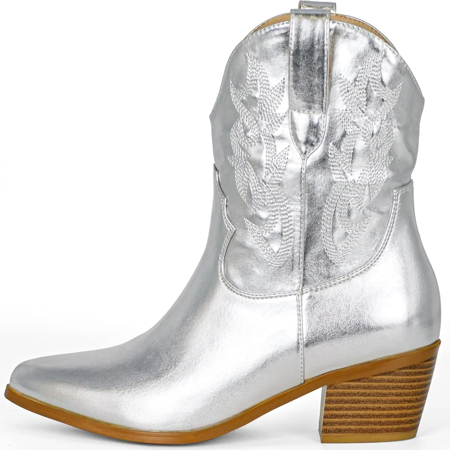 STALOV Women's Western Cowgirl Boots, Embroidered, Silver, Ankle-High, Pointed Toe, Pull-On, Block Heel, Casual, Spring, Fall, Cowboy, Horse Riding