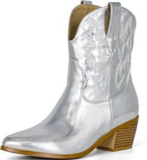 STALOV Women's Western Cowgirl Boots, Embroidered, Silver, Ankle-High, Pointed Toe, Pull-On, Block Heel, Casual, Spring, Fall, Cowboy, Horse Riding