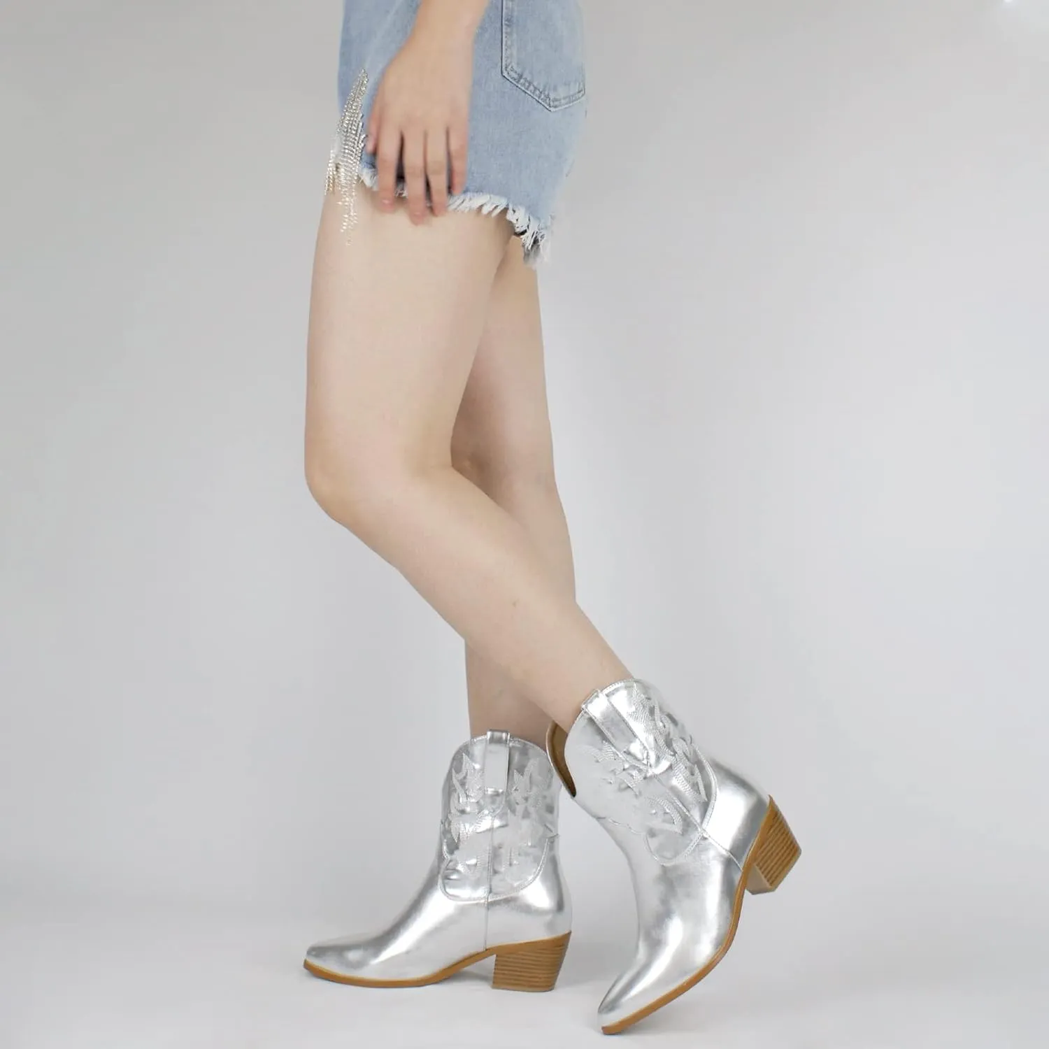 STALOV Women's Western Cowgirl Boots, Embroidered, Silver, Ankle-High, Pointed Toe, Pull-On, Block Heel, Casual, Spring, Fall, Cowboy, Horse Riding