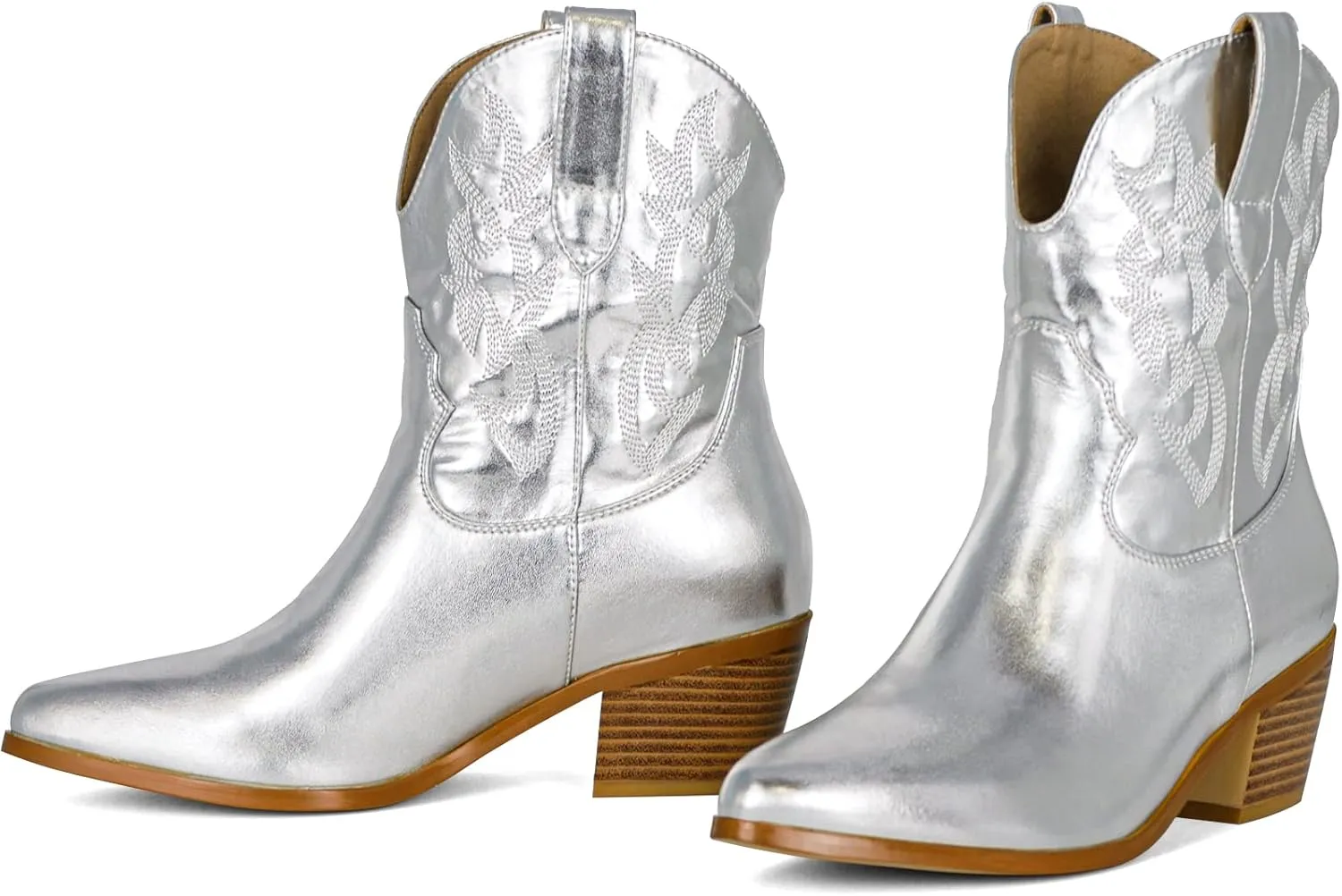 STALOV Women's Western Cowgirl Boots, Embroidered, Silver, Ankle-High, Pointed Toe, Pull-On, Block Heel, Casual, Spring, Fall, Cowboy, Horse Riding