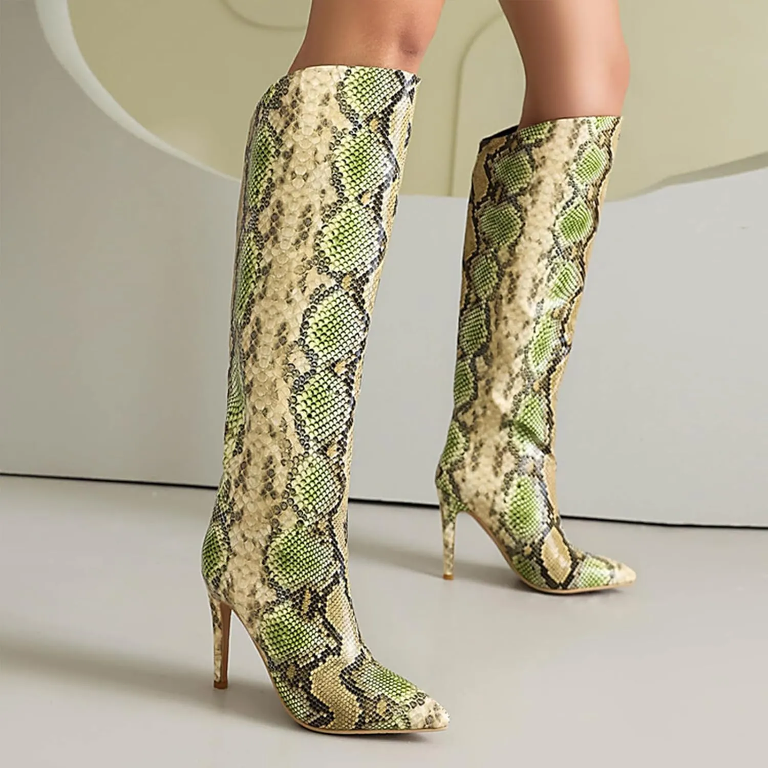 Straight Knee High Boots, Women Long Boots Pointed Toe Stiletto Pull on Snake Print Long Boots for Women PU Leather Large Size Straight Fashion Boots Heel Height 10cm