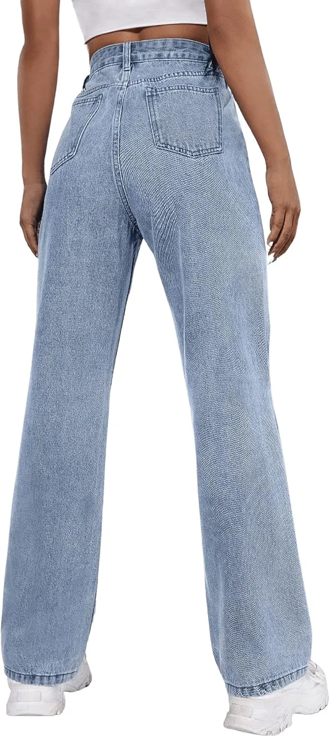 SweatyRocks Women's Ripped Straight Leg Jeans High Waist Distressed Cutout Denim Pants