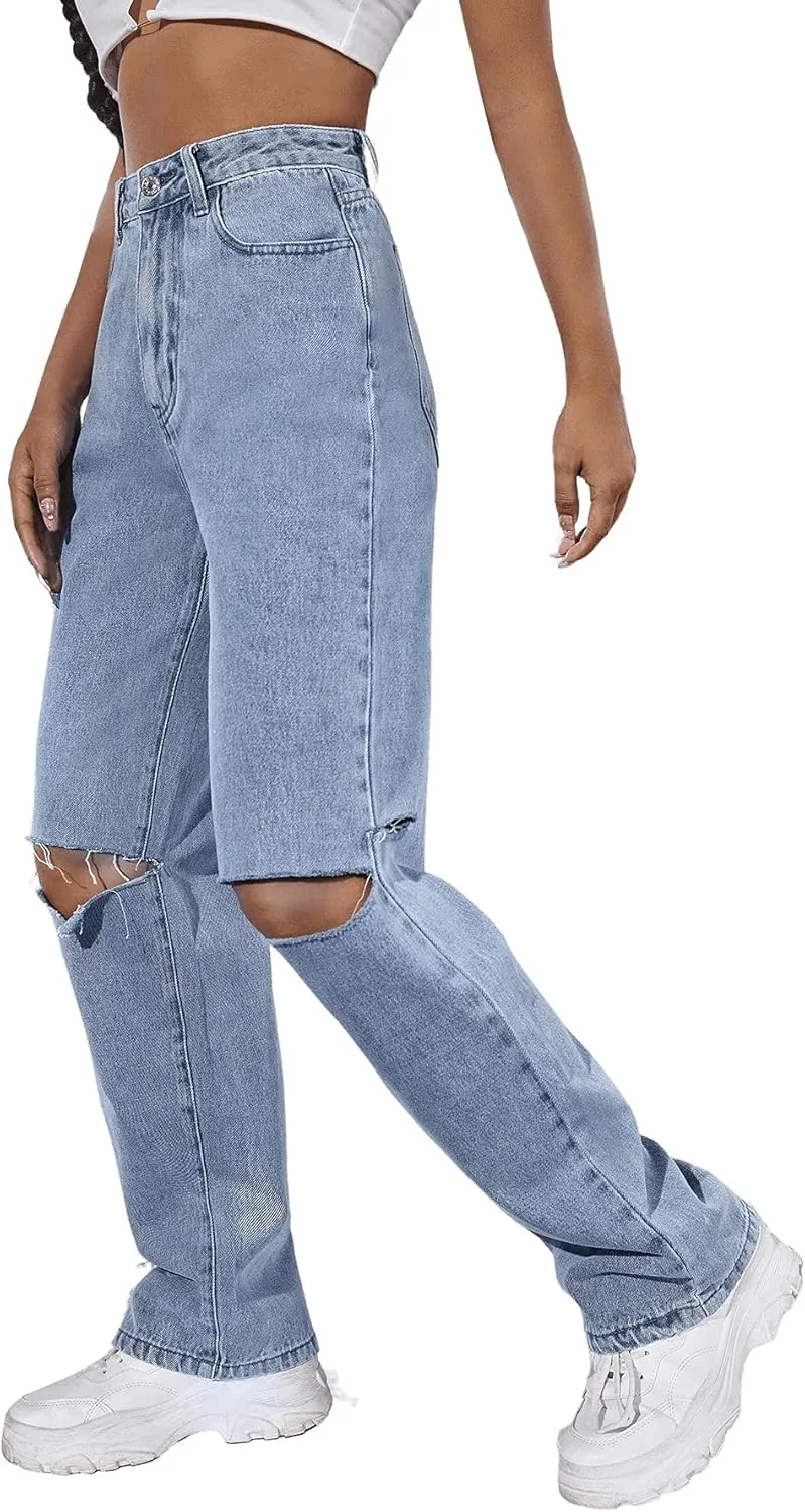 SweatyRocks Women's Ripped Straight Leg Jeans High Waist Distressed Cutout Denim Pants