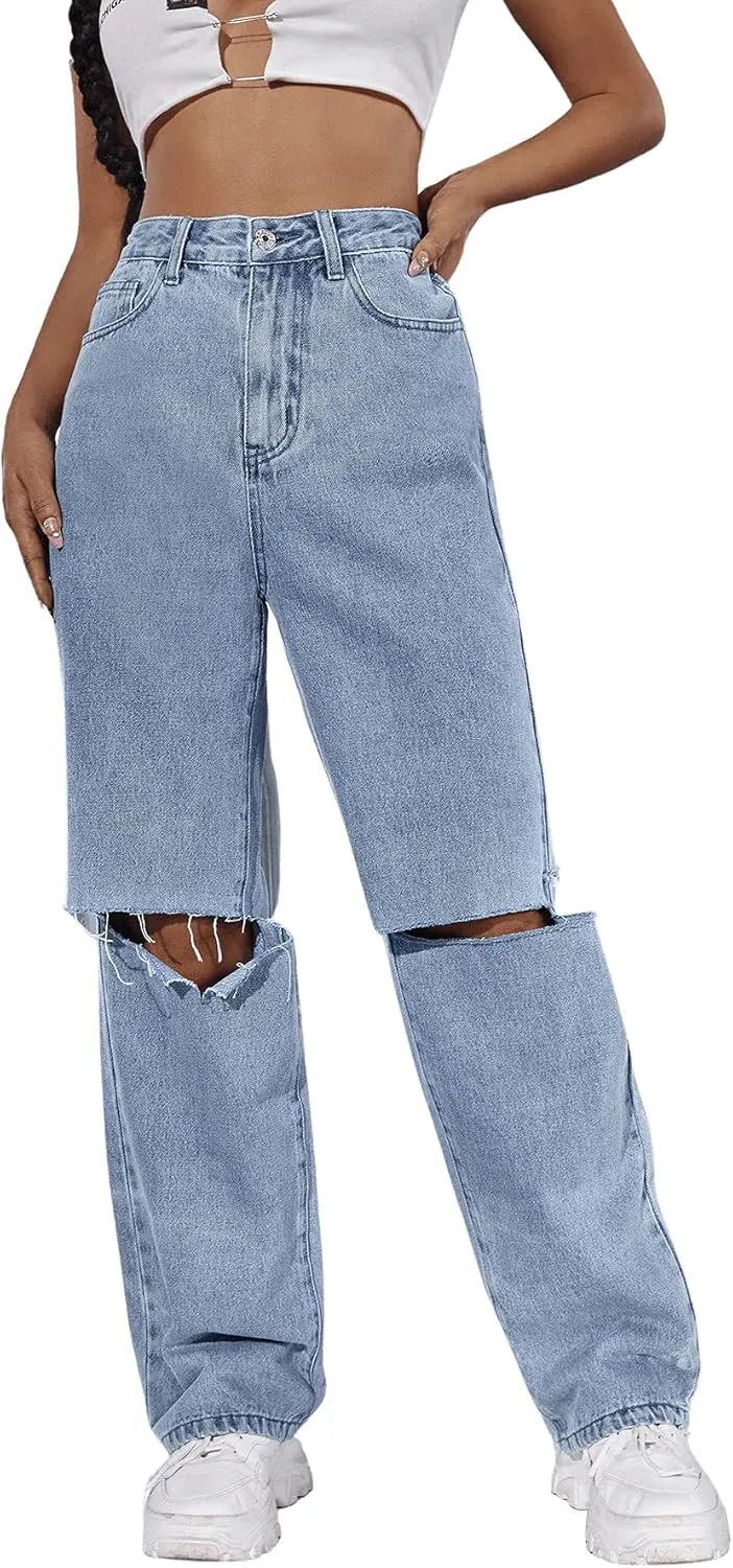 SweatyRocks Women's Ripped Straight Leg Jeans High Waist Distressed Cutout Denim Pants