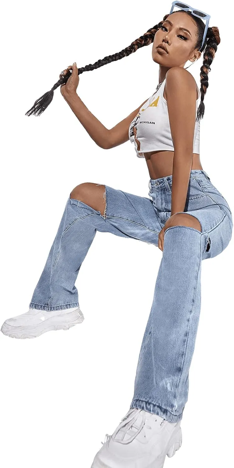 SweatyRocks Women's Ripped Straight Leg Jeans High Waist Distressed Cutout Denim Pants