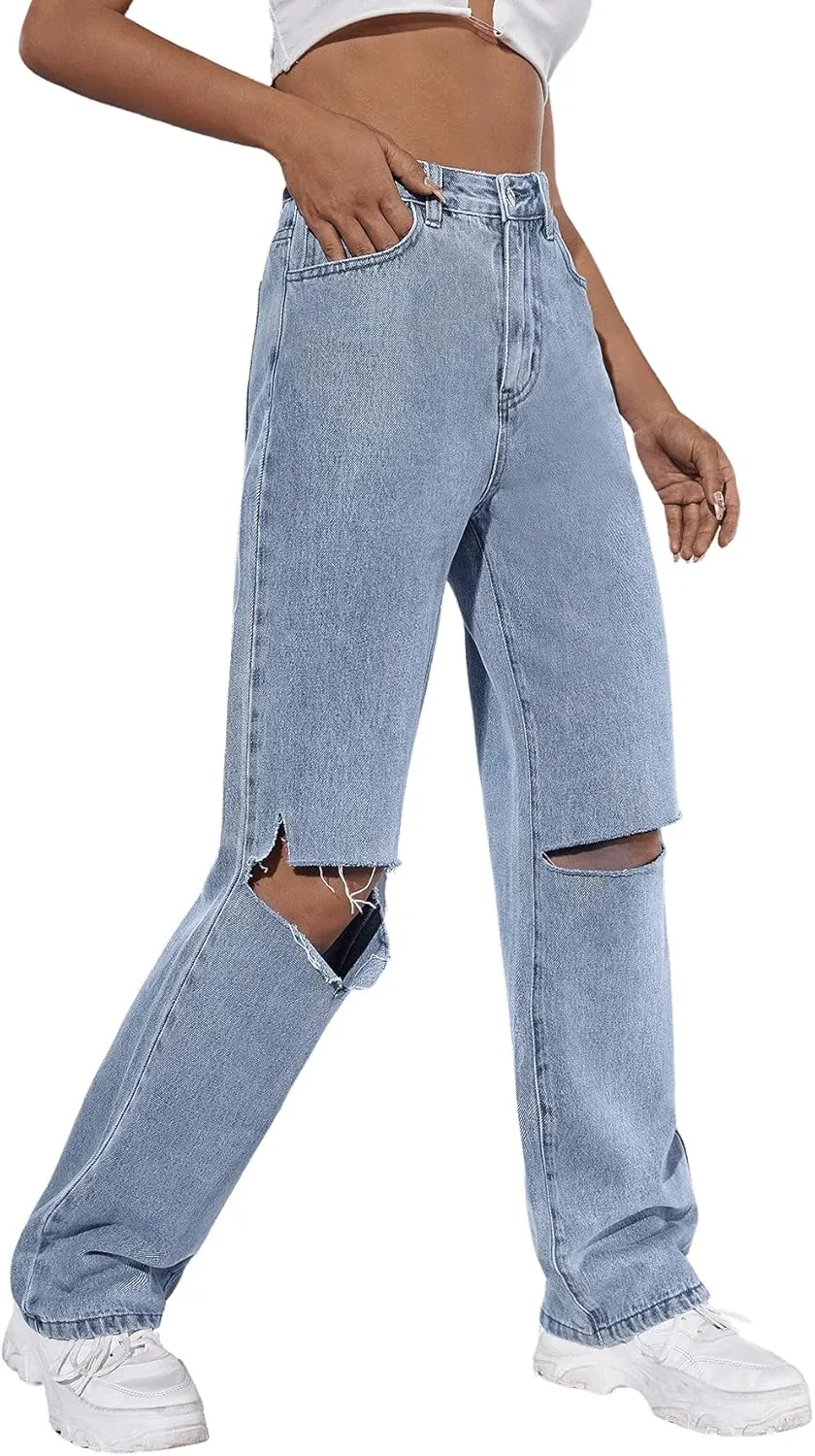 SweatyRocks Women's Ripped Straight Leg Jeans High Waist Distressed Cutout Denim Pants