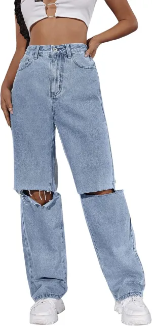 SweatyRocks Women's Ripped Straight Leg Jeans High Waist Distressed Cutout Denim Pants