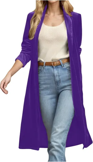 TANGNADE Velvet Cardigan Jackets for Women Long Lapel Collar Open Front Elegant Velour Blazer Cardigan Trench Coat