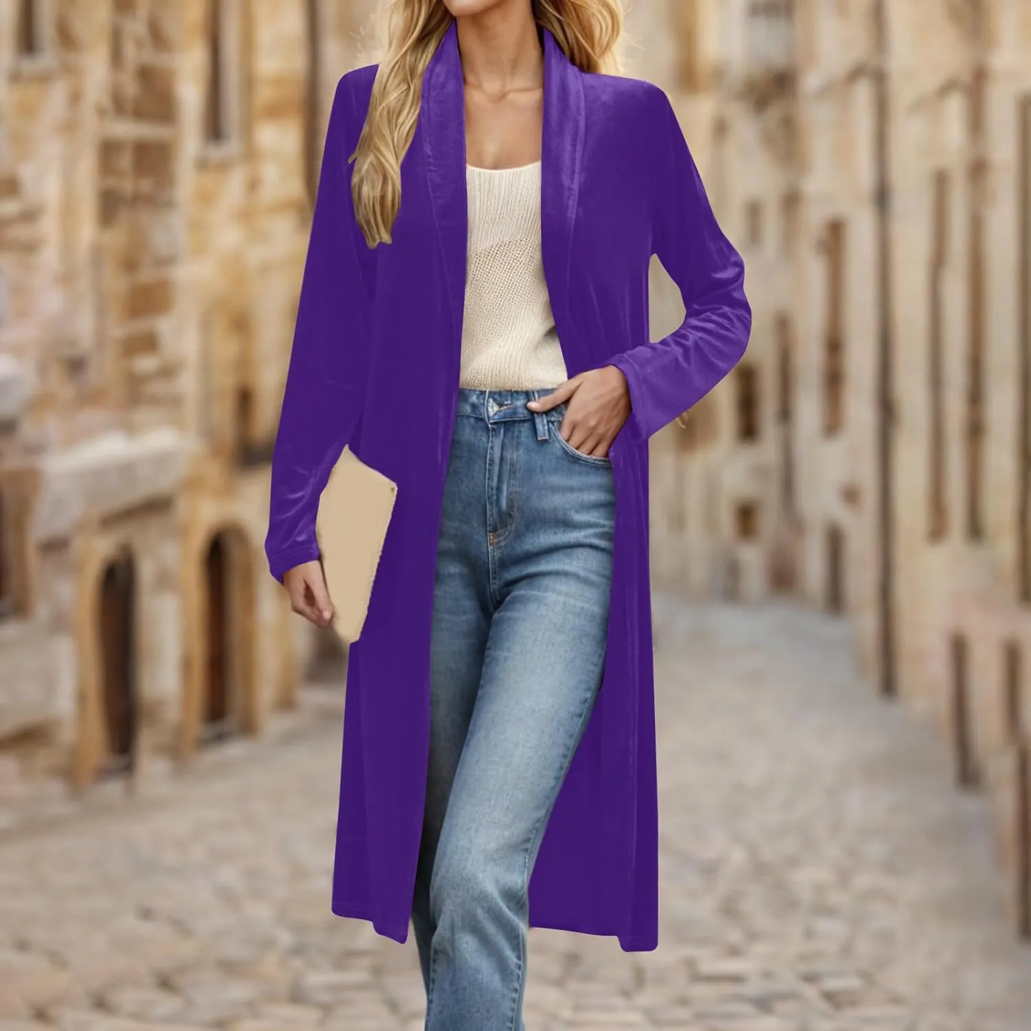 TANGNADE Velvet Cardigan Jackets for Women Long Lapel Collar Open Front Elegant Velour Blazer Cardigan Trench Coat