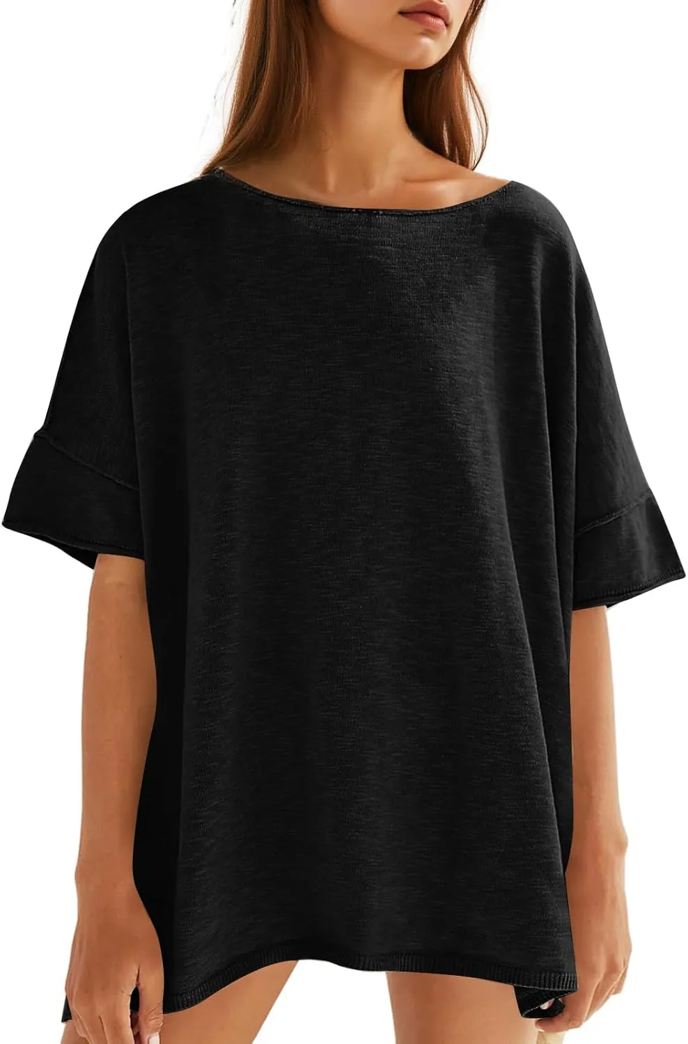 Tankaneo Women's Oversized T Shirts Casual Summer Crew Neck Loose Dropped Short Sleeve Side Slit Hem Blouse Tunic Tops