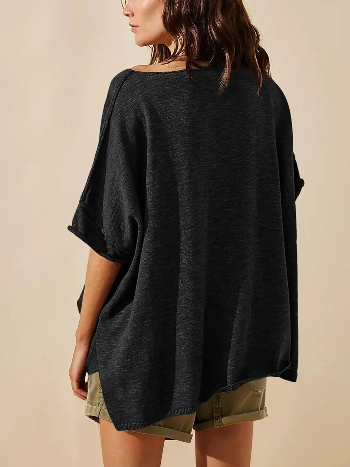 Tankaneo Women's Oversized T Shirts Casual Summer Crew Neck Loose Dropped Short Sleeve Side Slit Hem Blouse Tunic Tops