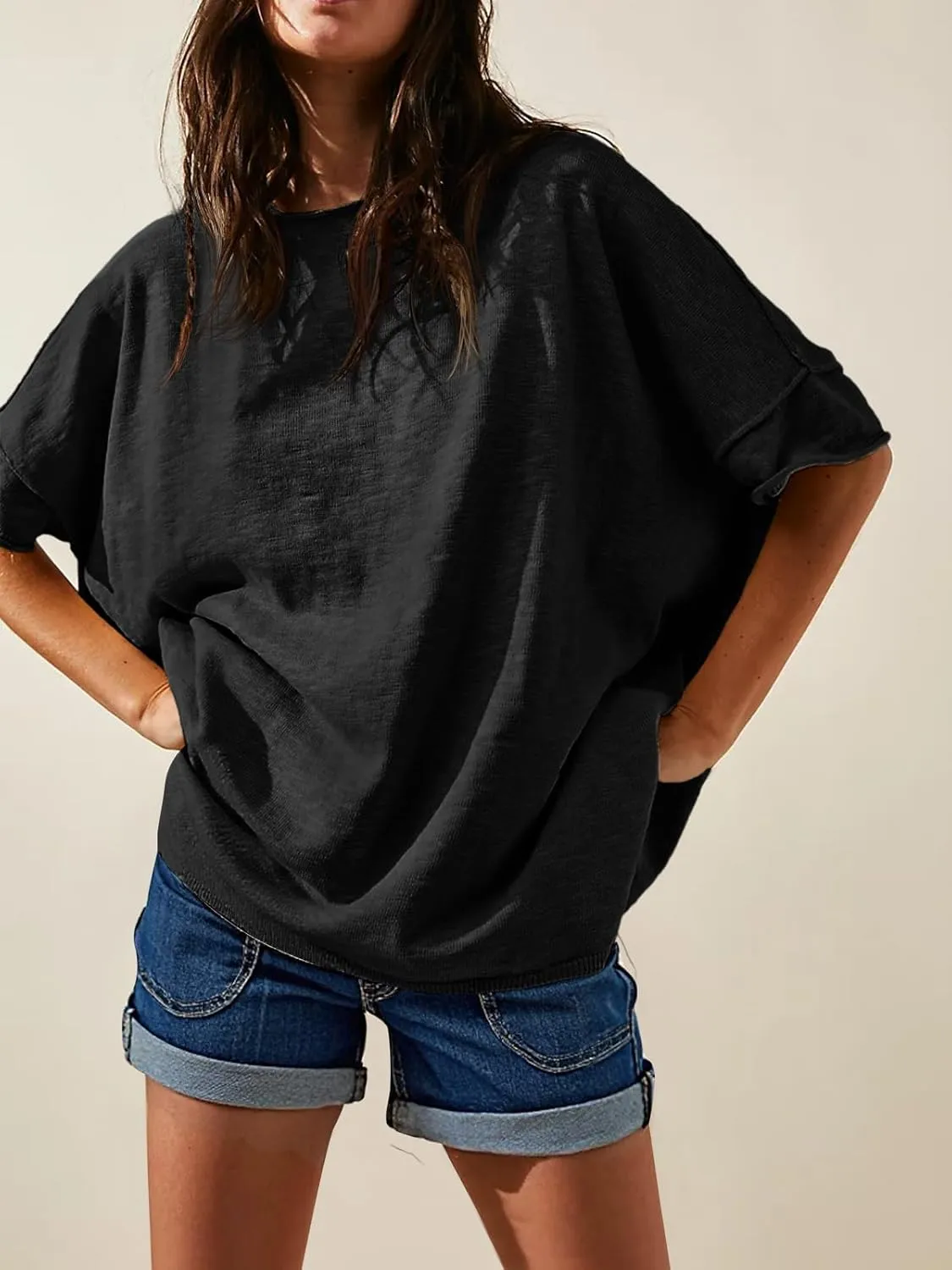 Tankaneo Women's Oversized T Shirts Casual Summer Crew Neck Loose Dropped Short Sleeve Side Slit Hem Blouse Tunic Tops
