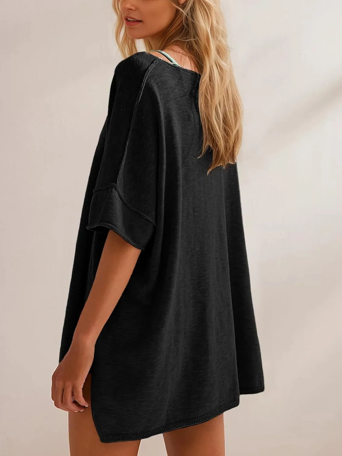 Tankaneo Women's Oversized T Shirts Casual Summer Crew Neck Loose Dropped Short Sleeve Side Slit Hem Blouse Tunic Tops