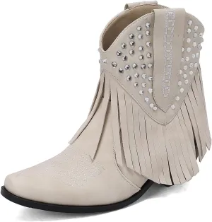 Tassel Ankle Cowboy Boots Woman Embroider Fringe Western Boots Round Toe Chunky Heel Pull On Cowgirl Boots