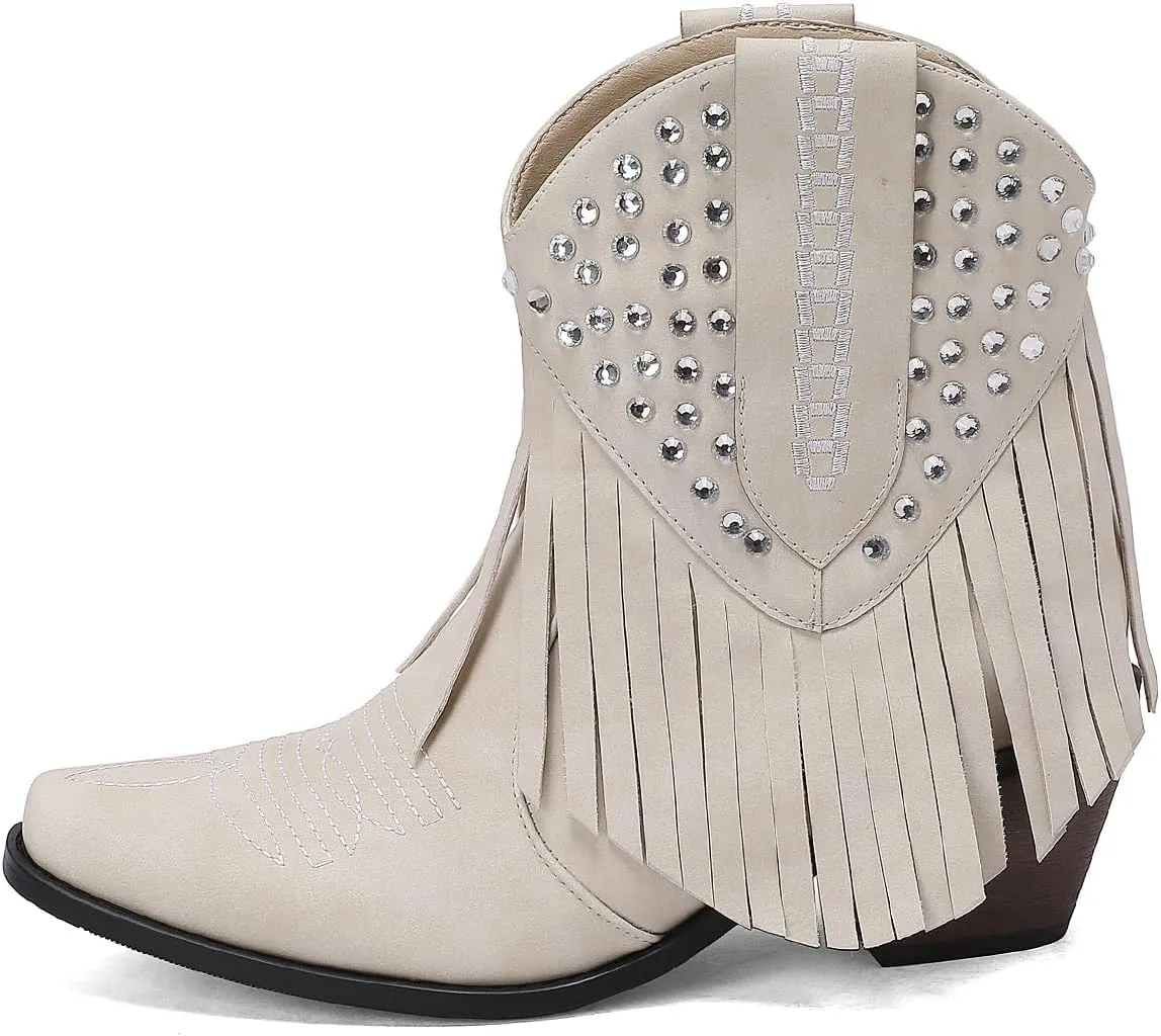 Tassel Ankle Cowboy Boots Woman Embroider Fringe Western Boots Round Toe Chunky Heel Pull On Cowgirl Boots