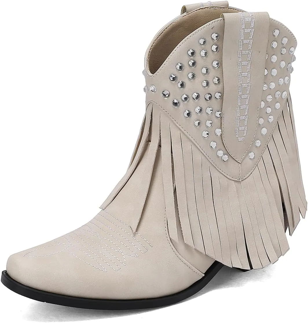 Tassel Ankle Cowboy Boots Woman Embroider Fringe Western Boots Round Toe Chunky Heel Pull On Cowgirl Boots