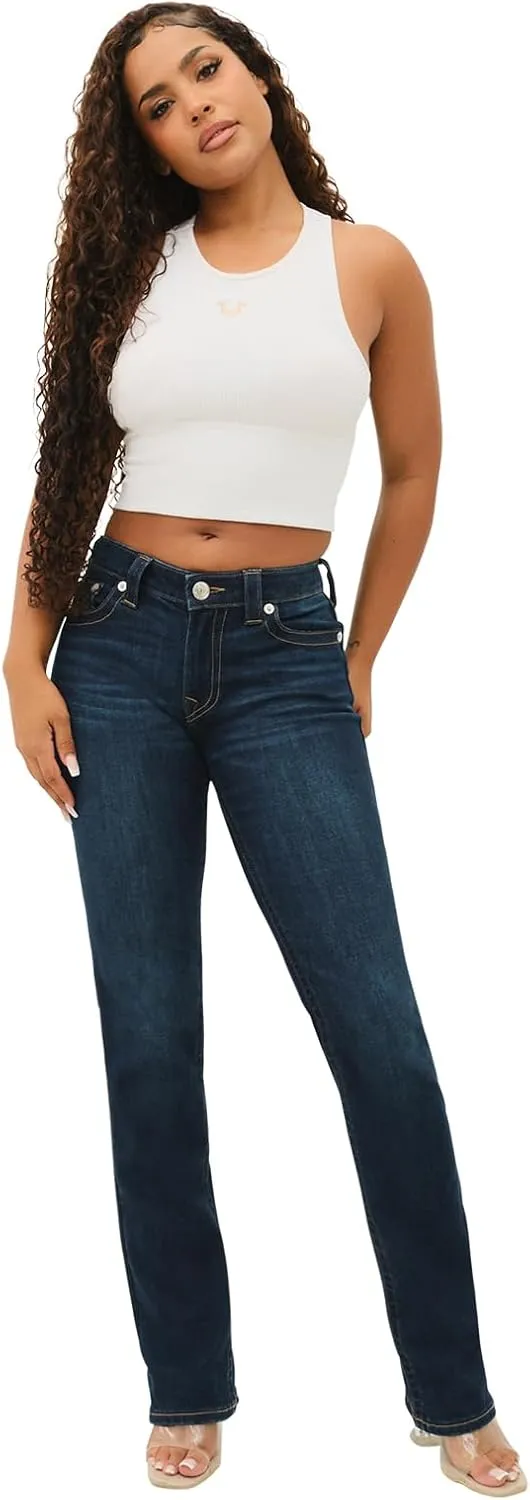 True Religion Women's Billie Mid Rise Straight Stretch Single Needle Stitching Jeans Pant