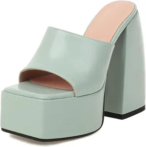 Tscoyuki Women's Platform Heels, Fashion Square Open Toe Heeled Sandals Slip On Chunky High Block Pump Slides Dress Shoes