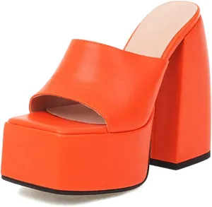 Tscoyuki Women's Platform Heels, Fashion Square Open Toe Heeled Sandals Slip On Chunky High Block Pump Slides Dress Shoes