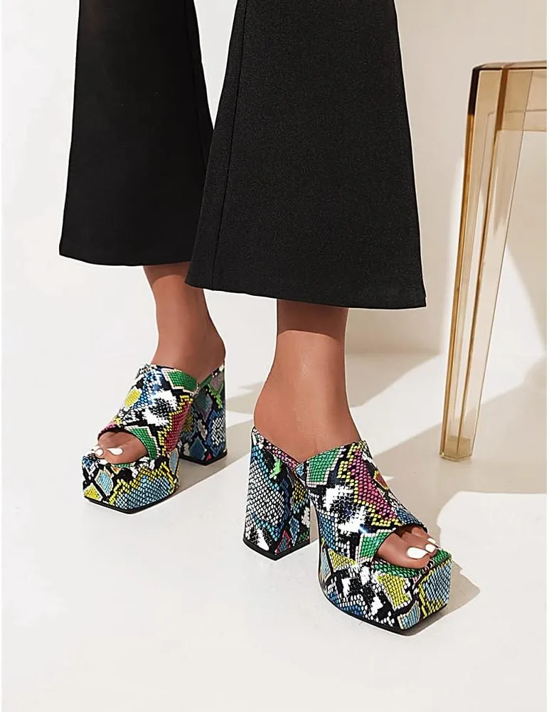 Tscoyuki Women's Platform Heels, Fashion Square Open Toe Heeled Sandals Slip On Chunky High Block Pump Slides Dress Shoes