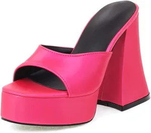 Tscoyuki Women's Platform Heels, Fashion Square Open Toe Heeled Sandals Slip On Chunky High Block Pump Slides Dress Shoes