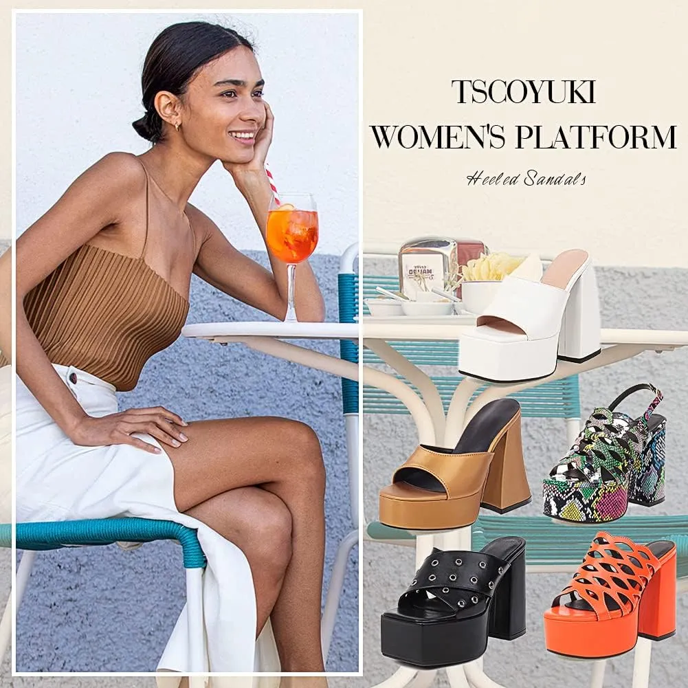 Tscoyuki Women's Platform Heels, Fashion Square Open Toe Heeled Sandals Slip On Chunky High Block Pump Slides Dress Shoes