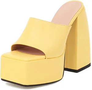 Tscoyuki Women's Platform Heels, Fashion Square Open Toe Heeled Sandals Slip On Chunky High Block Pump Slides Dress Shoes