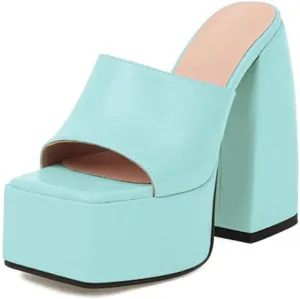 Tscoyuki Women's Platform Heels, Fashion Square Open Toe Heeled Sandals Slip On Chunky High Block Pump Slides Dress Shoes