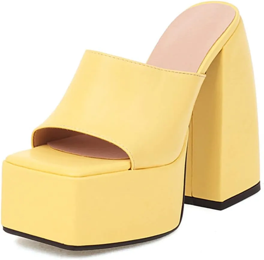 Tscoyuki Women's Platform Heels, Fashion Square Open Toe Heeled Sandals Slip On Chunky High Block Pump Slides Dress Shoes