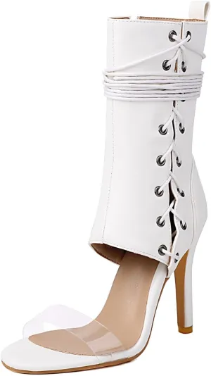 UP2STEP Transparent Strap Lace Up Stiletto Sandals | Strappy Open Toe High Heel for Women's Modern Chic Style