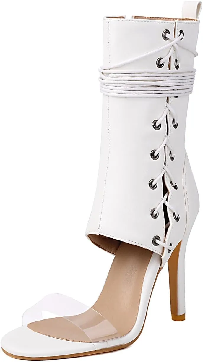 UP2STEP Transparent Strap Lace Up Stiletto Sandals | Strappy Open Toe High Heel for Women's Modern Chic Style