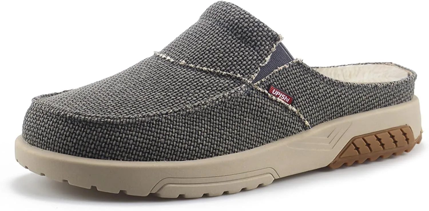 UPIShi Men's Arch Support Orthopedic Plantar Fasciitis Relief Slippers Canvas House Indoor Outdoor Slip On Loafers Non-Slip Casual Shoes Grey 7.5