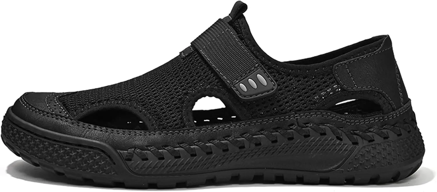 URLECHS Men's Breathable Mesh Closed Toe Hollow Sport Sandals Adjustable Hook&Loop Summer Beach Fishermen Shoes Comfortable Round Toe Anti-Slip Outdoor Casual Shoes