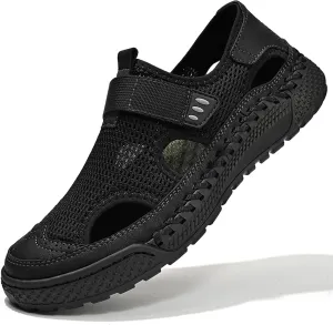 URLECHS Men's Breathable Mesh Closed Toe Hollow Sport Sandals Adjustable Hook&Loop Summer Beach Fishermen Shoes Comfortable Round Toe Anti-Slip Outdoor Casual Shoes
