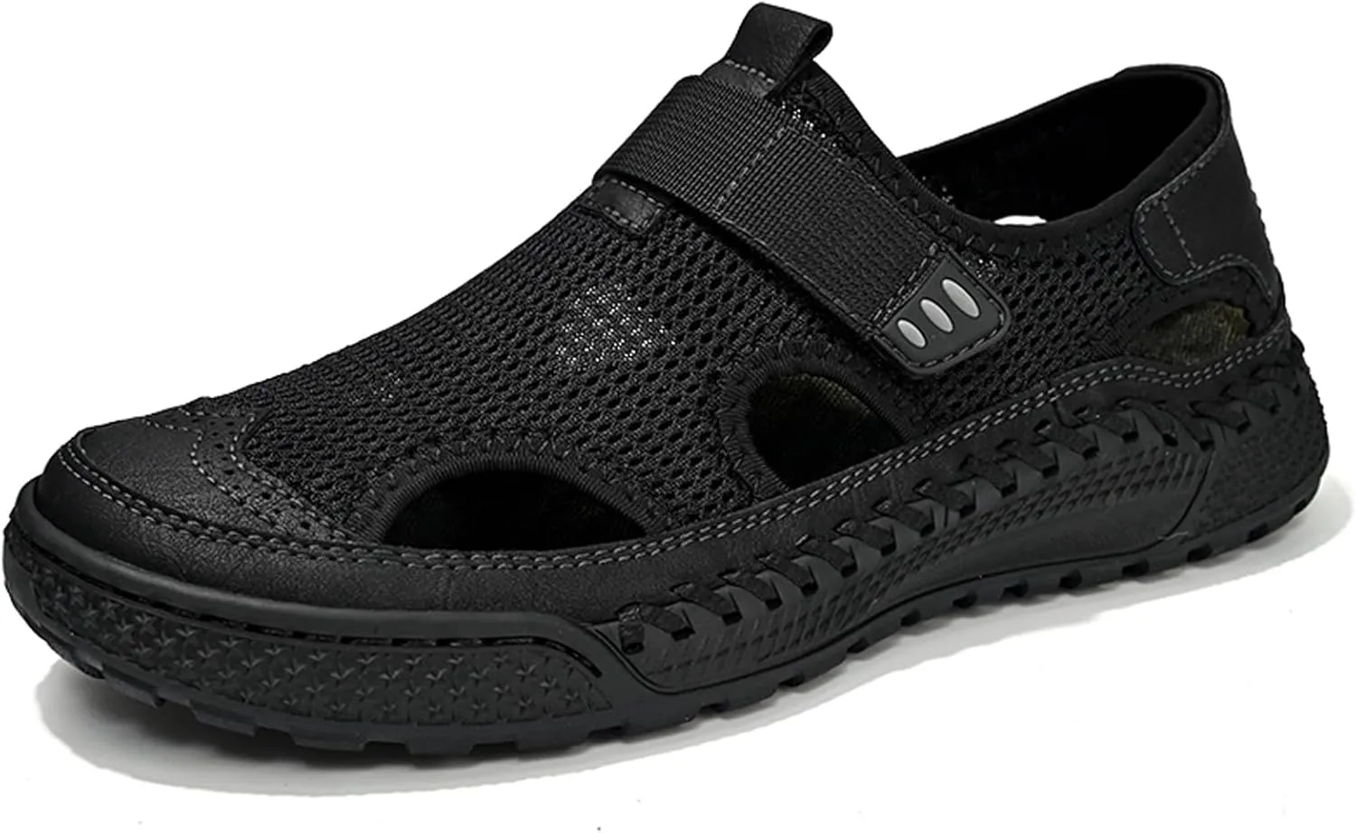 URLECHS Men's Breathable Mesh Closed Toe Hollow Sport Sandals Adjustable Hook&Loop Summer Beach Fishermen Shoes Comfortable Round Toe Anti-Slip Outdoor Casual Shoes
