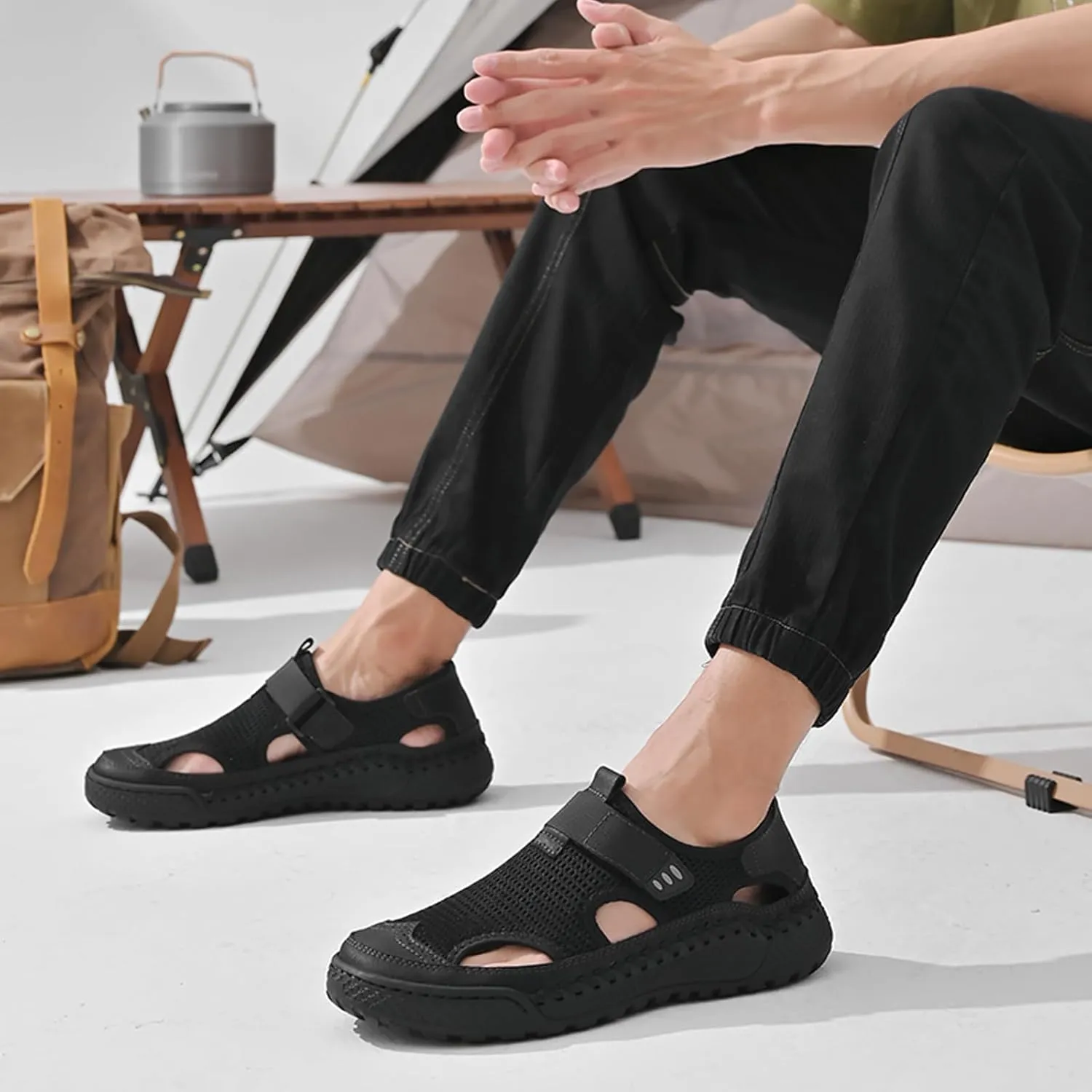 URLECHS Men's Breathable Mesh Closed Toe Hollow Sport Sandals Adjustable Hook&Loop Summer Beach Fishermen Shoes Comfortable Round Toe Anti-Slip Outdoor Casual Shoes