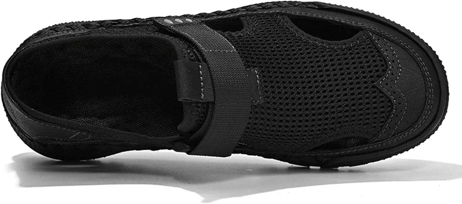URLECHS Men's Breathable Mesh Closed Toe Hollow Sport Sandals Adjustable Hook&Loop Summer Beach Fishermen Shoes Comfortable Round Toe Anti-Slip Outdoor Casual Shoes