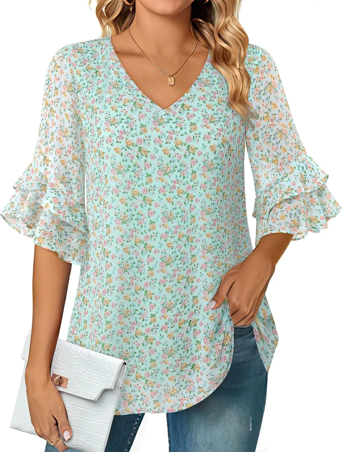VALOLIA Womens Blouses 3/4 Sleeve Dressy Tops Business Casual Double Layers Shirts