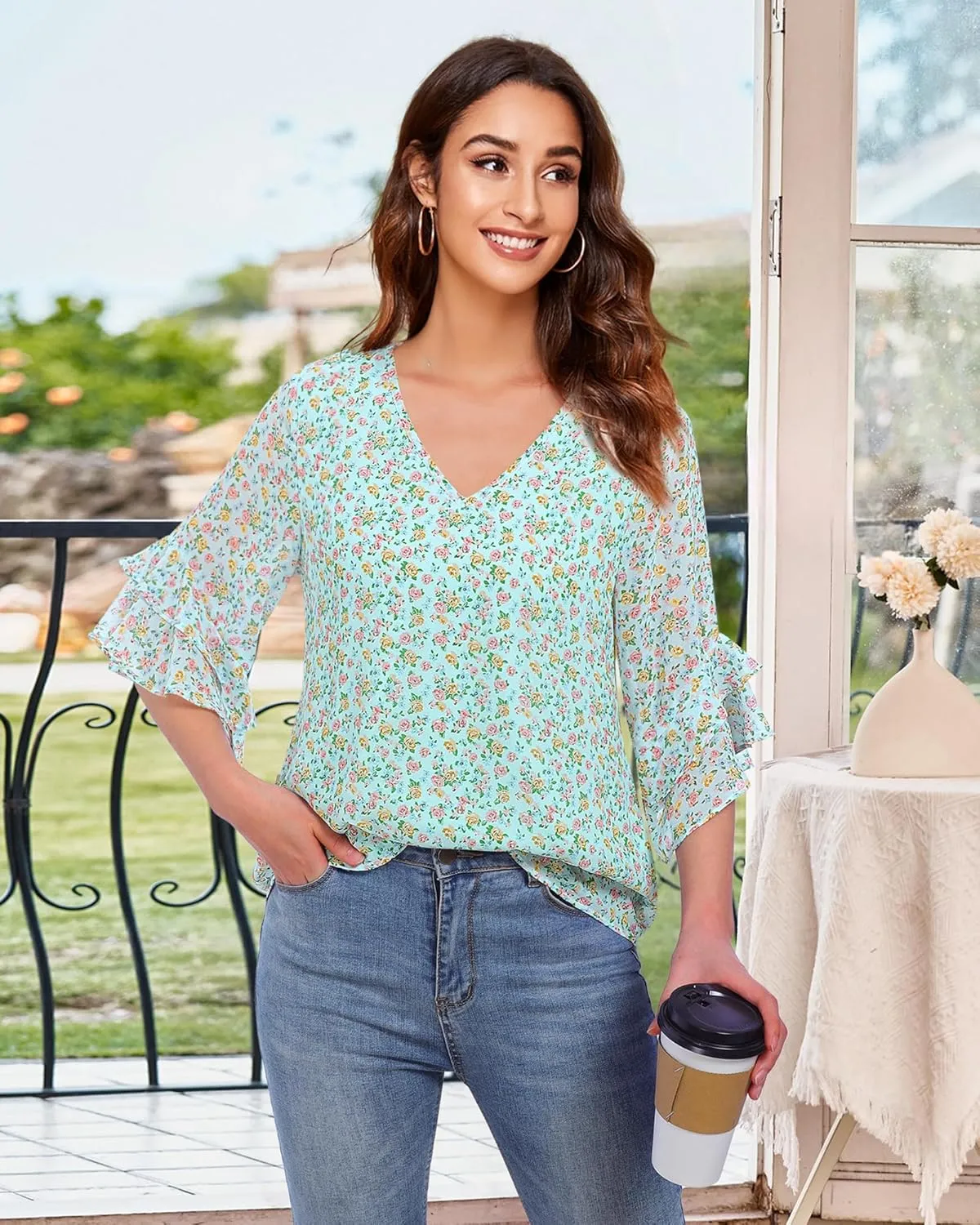 VALOLIA Womens Blouses 3/4 Sleeve Dressy Tops Business Casual Double Layers Shirts