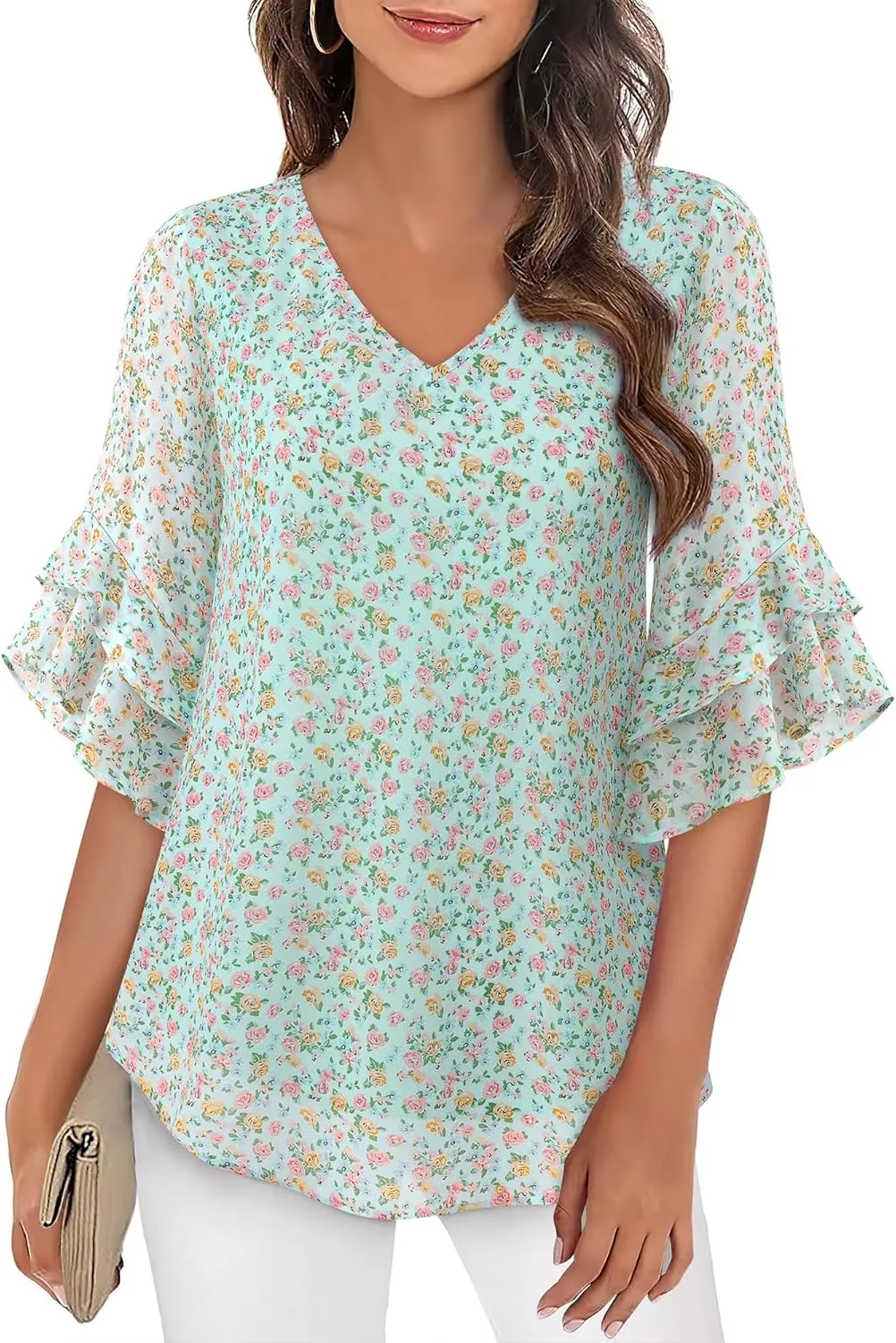 VALOLIA Womens Blouses 3/4 Sleeve Dressy Tops Business Casual Double Layers Shirts