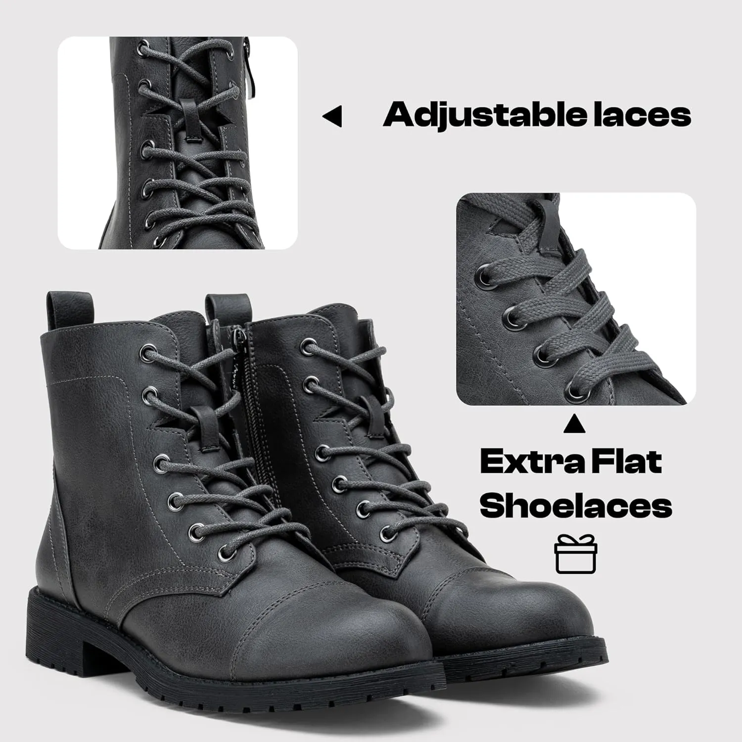 Vepose Women's Ankle Boots Lace up, Flat Fashion Combat Booties Low Heel