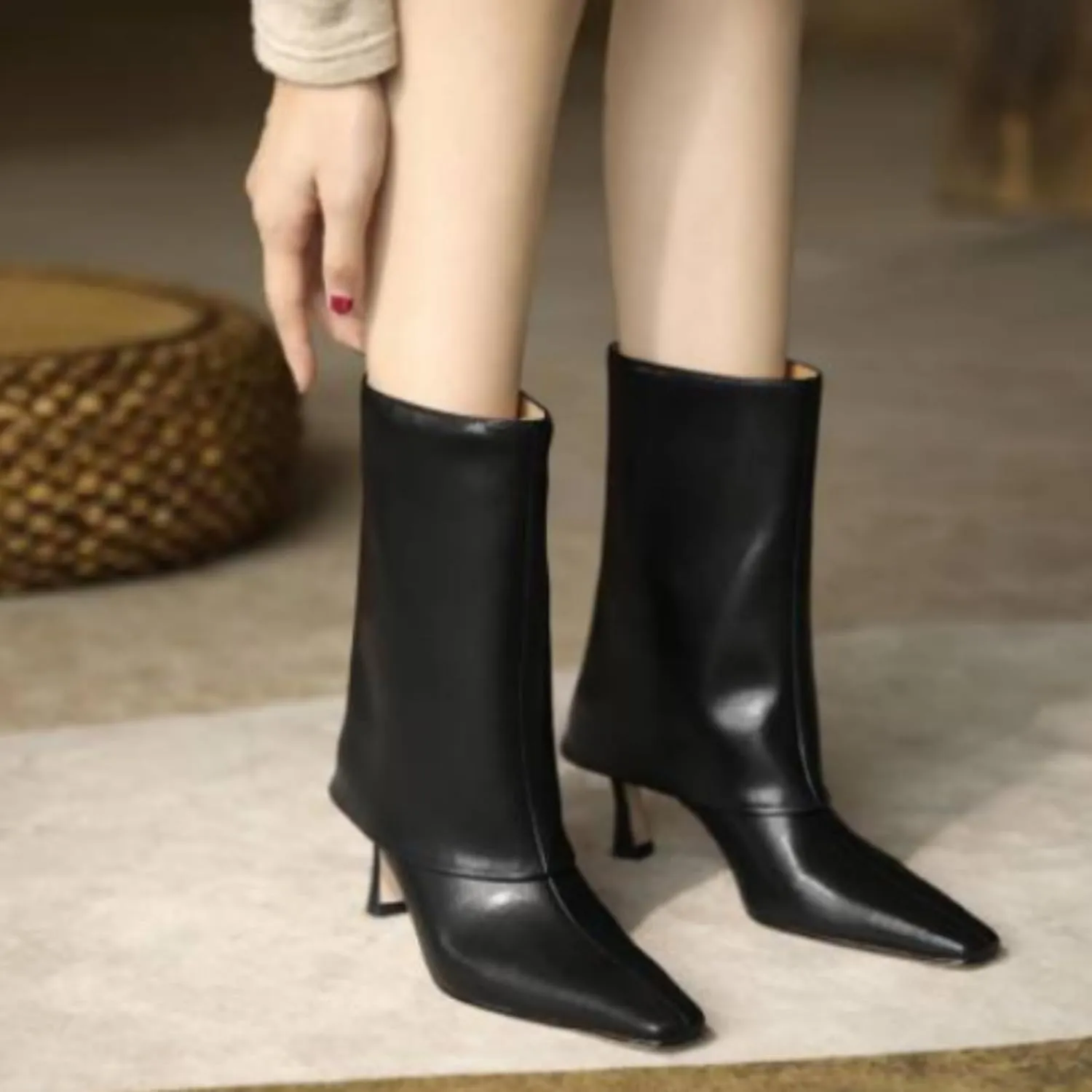 Vertundy Women's Knee High Boots Fold Over High Heel Booties Square Toe Comfortable Dress Kitten Heel Shoes