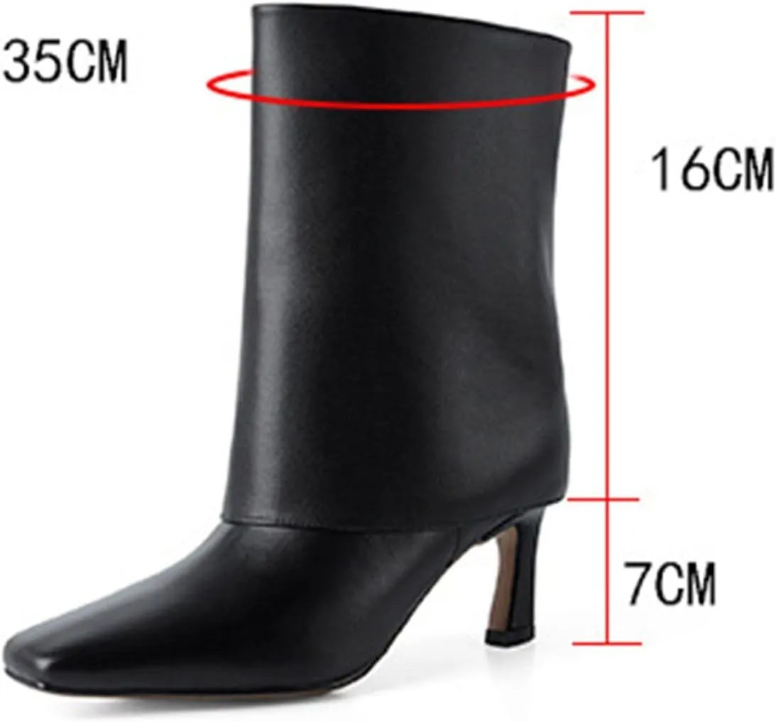 Vertundy Women's Knee High Boots Fold Over High Heel Booties Square Toe Comfortable Dress Kitten Heel Shoes
