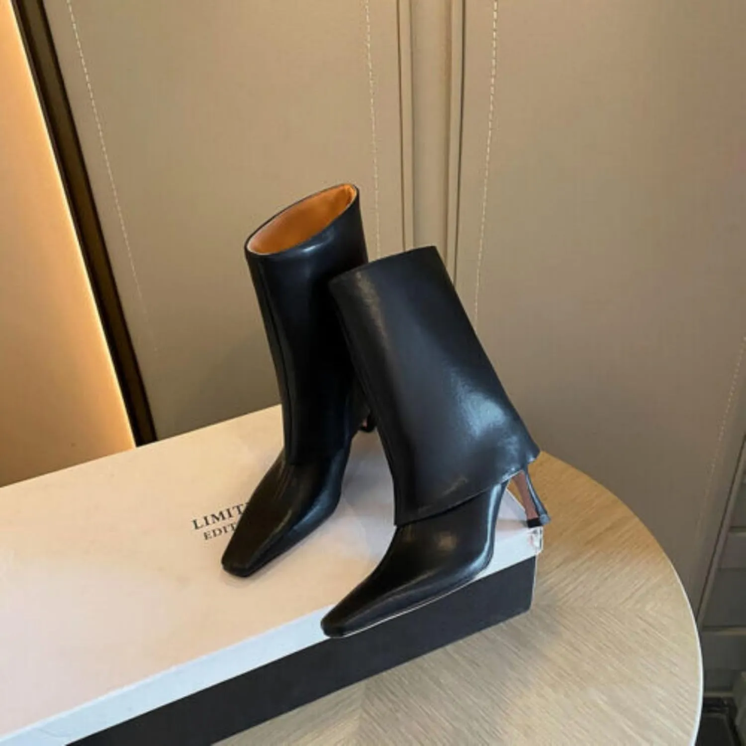 Vertundy Women's Knee High Boots Fold Over High Heel Booties Square Toe Comfortable Dress Kitten Heel Shoes